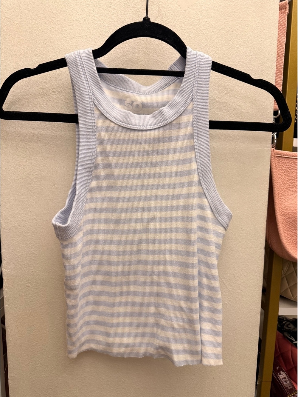 SO Women's Light Blue and White Striped Tank Top Medium